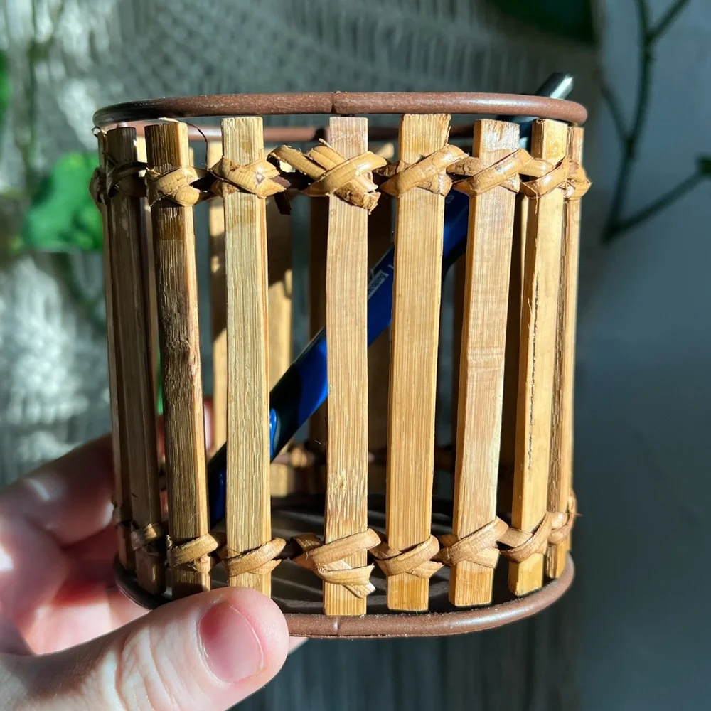 Vintage Bamboo & Rattan Pencil Holder Desk Organizer Wicker Rustic Office Decor